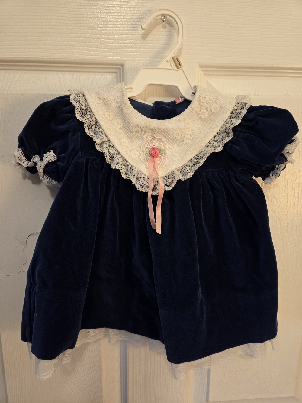 Vintage Navy Velvet Baby Dress with White Lace Collar
